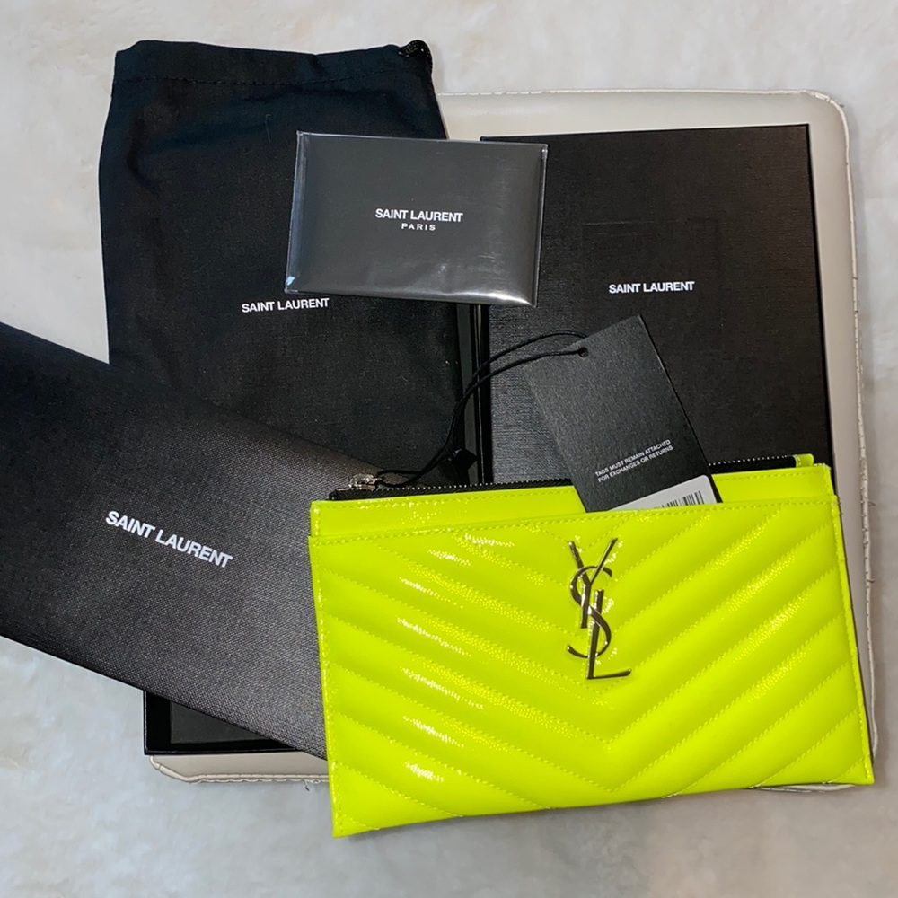 Brand New with Tags neon yellow Saint Laurent zip pouch
